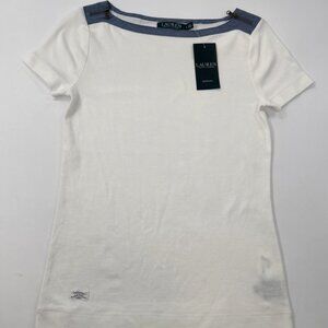 Lauren Ralph Lauren Shirt Small Trim Zip Neck Short Sleeve White Preppy NEW read